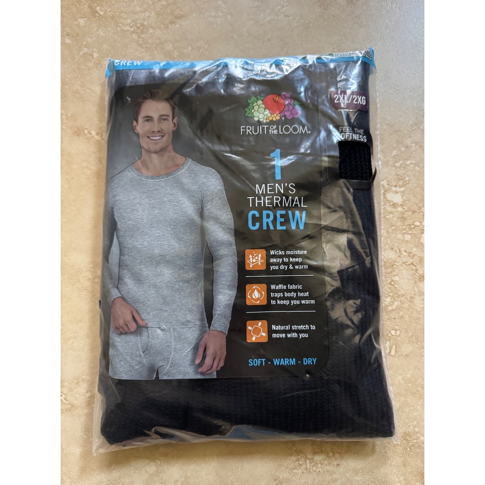 Fruit of the Loom Thermal Top Men 2XL Black Waffle Knit Crew Neck Base Layer NEW